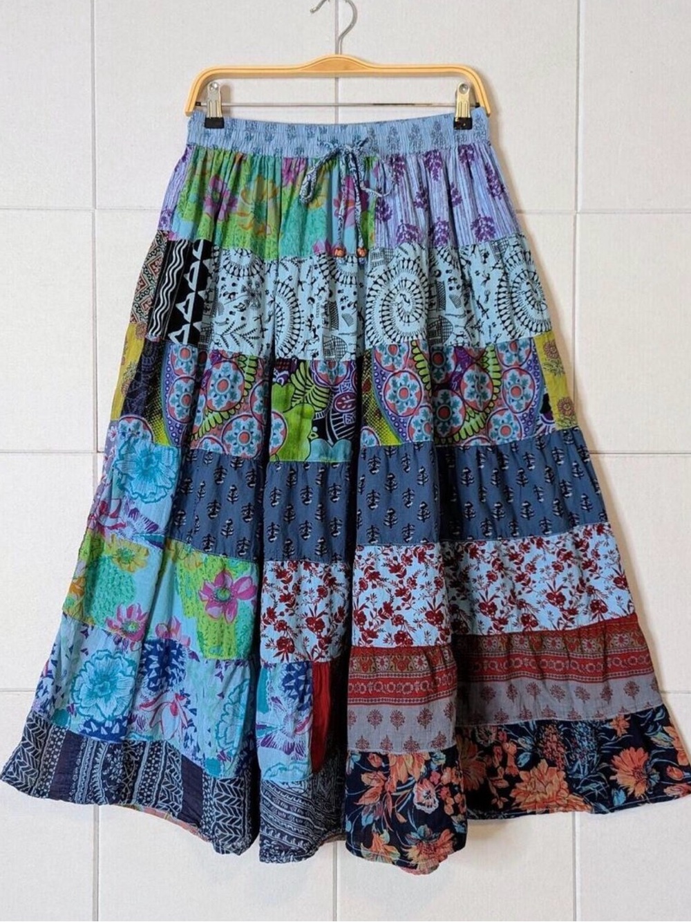 Gypsy Rose boho 100% cotton patchwork tiered flare midi skirt